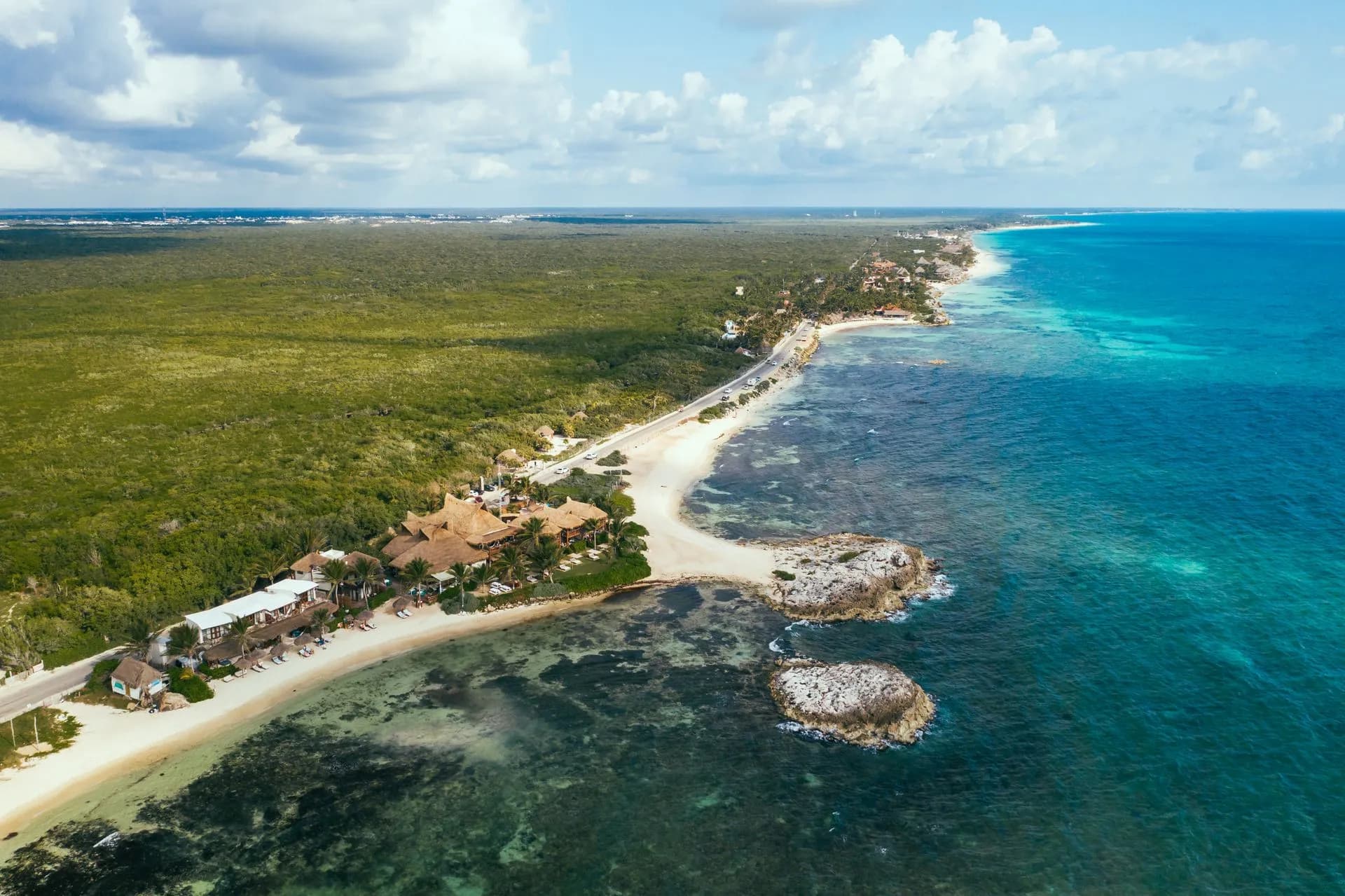 Sargazo en la arena de la Bahía de Akumal, Riviera Maya, México, con agua turquesa cálida al fondo