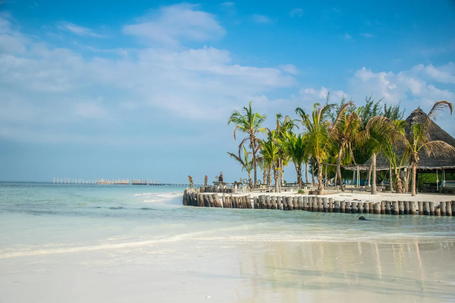 Aerial view of Isla Holbox with shallow turquoise water, white sand beach, and palm trees