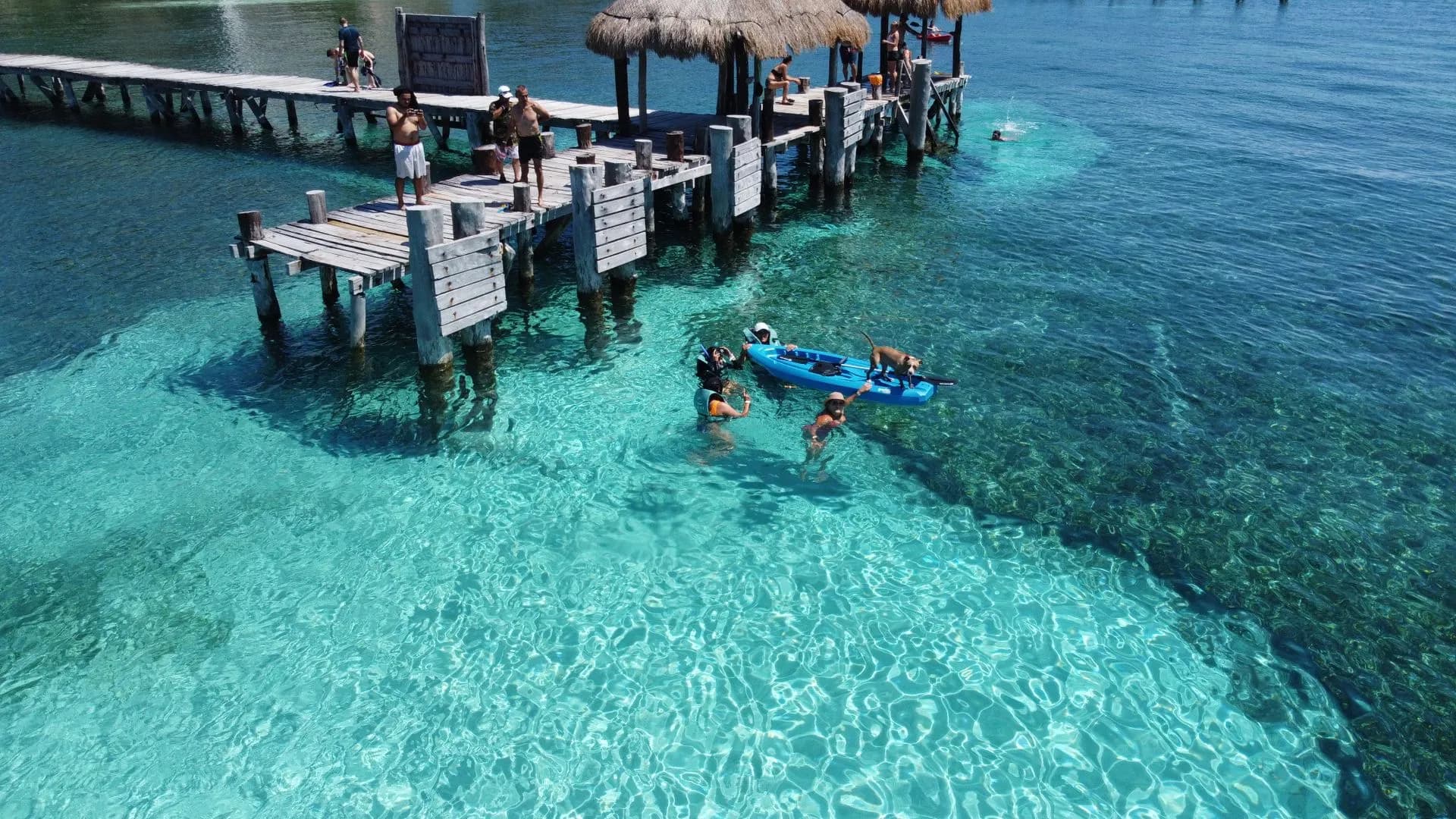 Warm turquoise Caribbean water off Isla Mujeres under a bright summer August sky during whale shark season