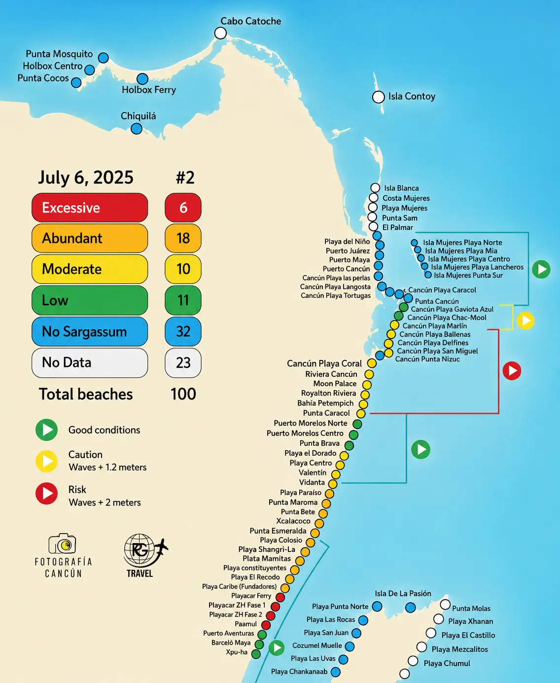 Sargassum conditions map of the Mexican Caribbean: beach-by-beach seaweed levels for Cancún, Playa del Carmen, Puerto Morelos, Isla Mujeres, Cozumel, and Holbox
