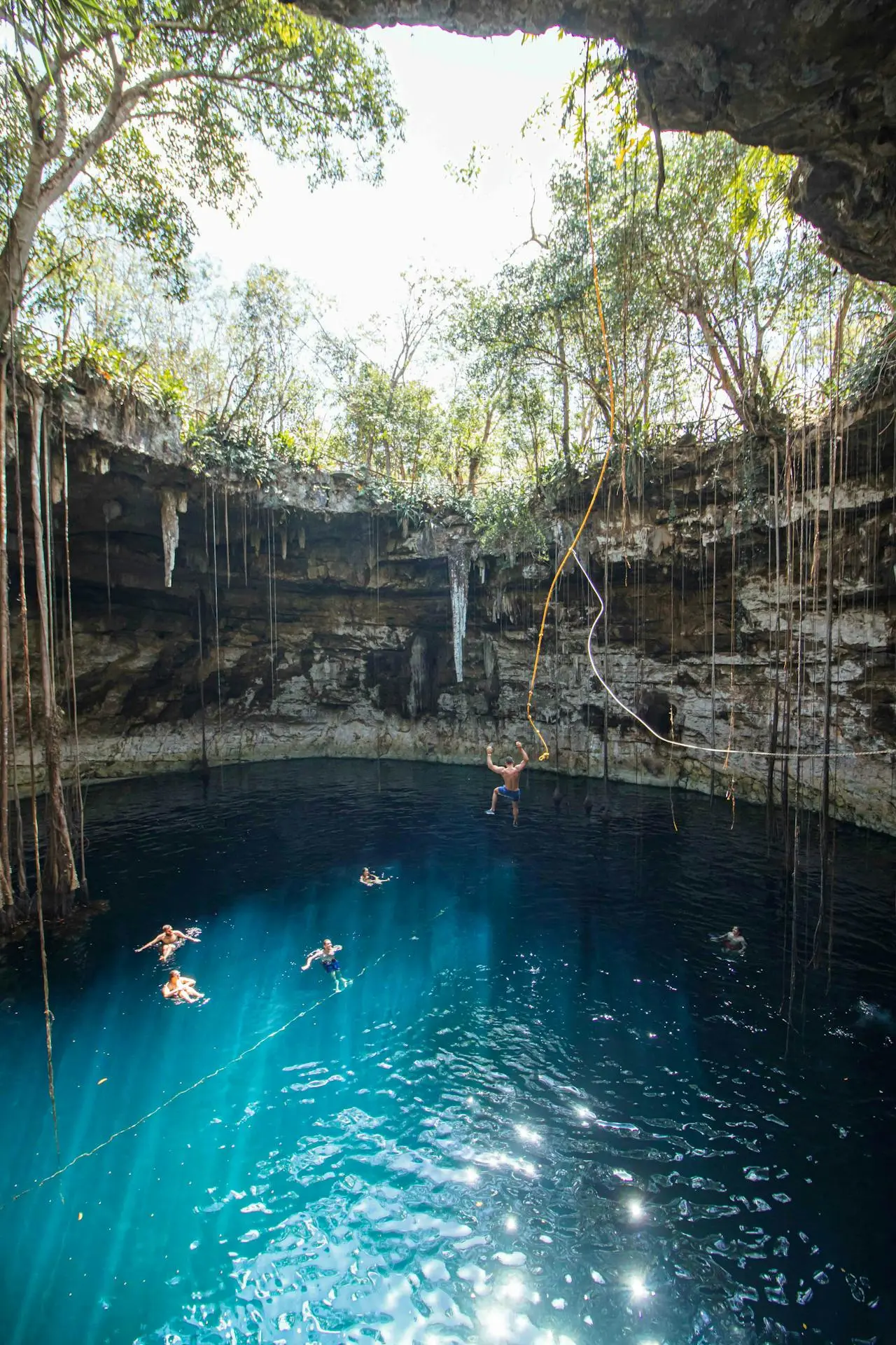 Swimmers inside a dramatic open cenote with hanging vines and turquoise water, Yucatán, Mexico