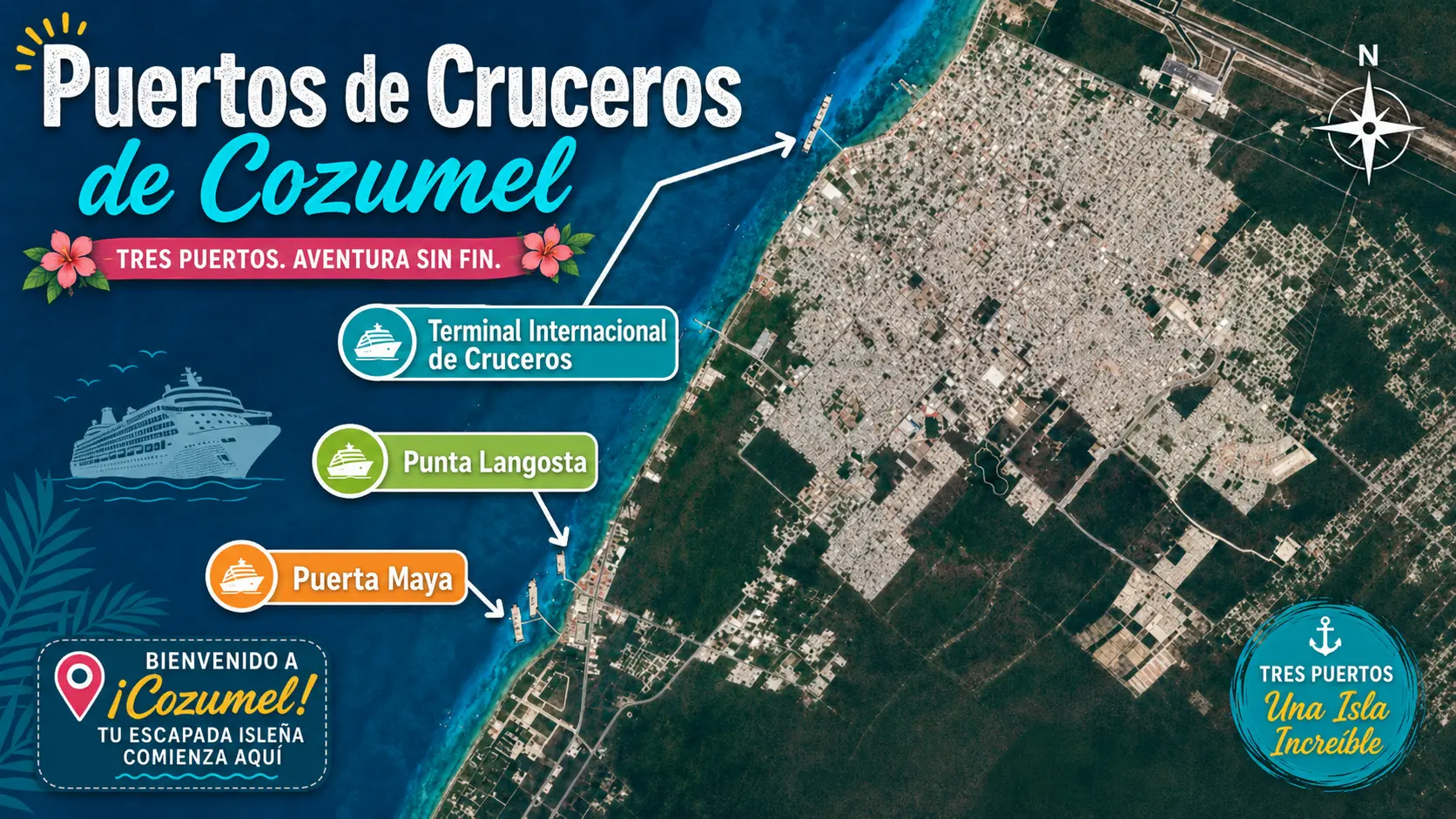 El puerto de cruceros de Cozumel de un vistazo: los tres muelles, Puerta Maya, el Muelle Internacional y Punta Langosta, y qué líneas de crucero atracan en cada uno