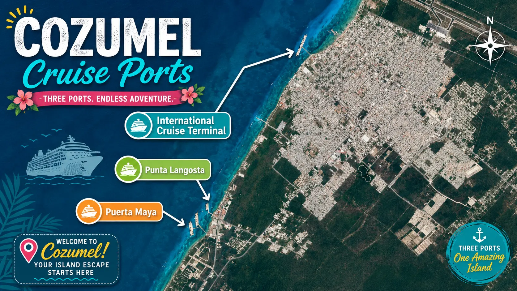 Cozumel cruise port at a glance: the three cruise piers, Puerta Maya, the International Pier, and Punta Langosta, and which cruise lines dock at each
