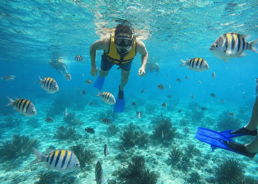 Snorkeler in clear turquoise water at Garrafón Natural Reef Park on Isla Mujeres, Mexico