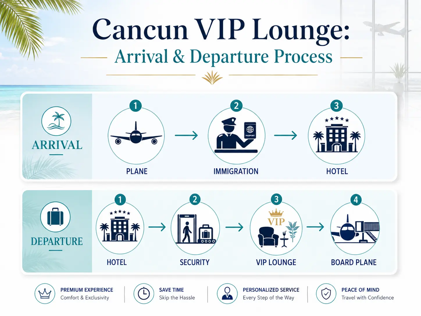 Infographic of the Cancún VIP lounge arrival and departure process: arrival runs plane to immigration to hotel, departure runs hotel to security to VIP lounge to boarding